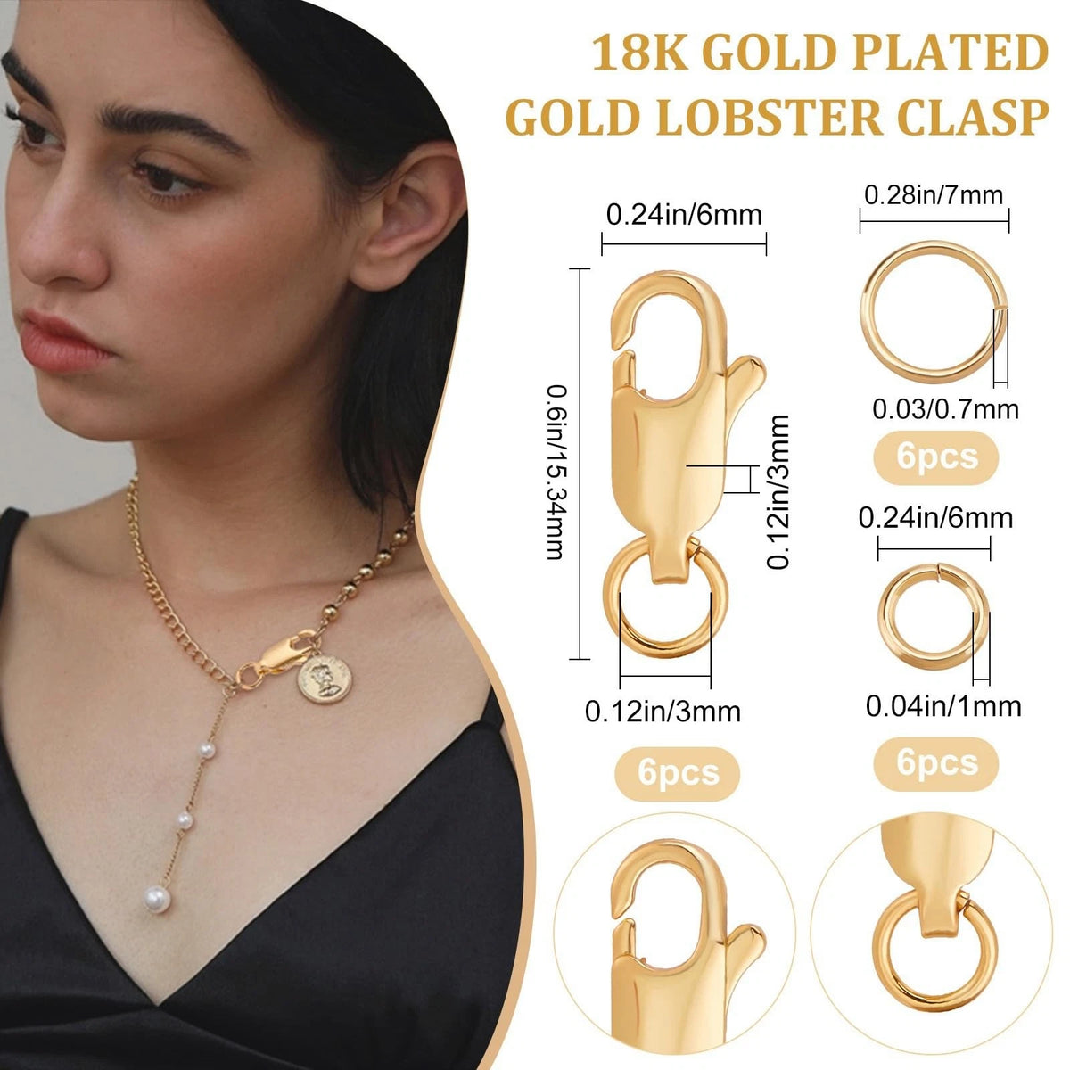 6Pcs 18K Gold Plated Lobster Clasp for Jewelry (0.6x0.24 Inch)