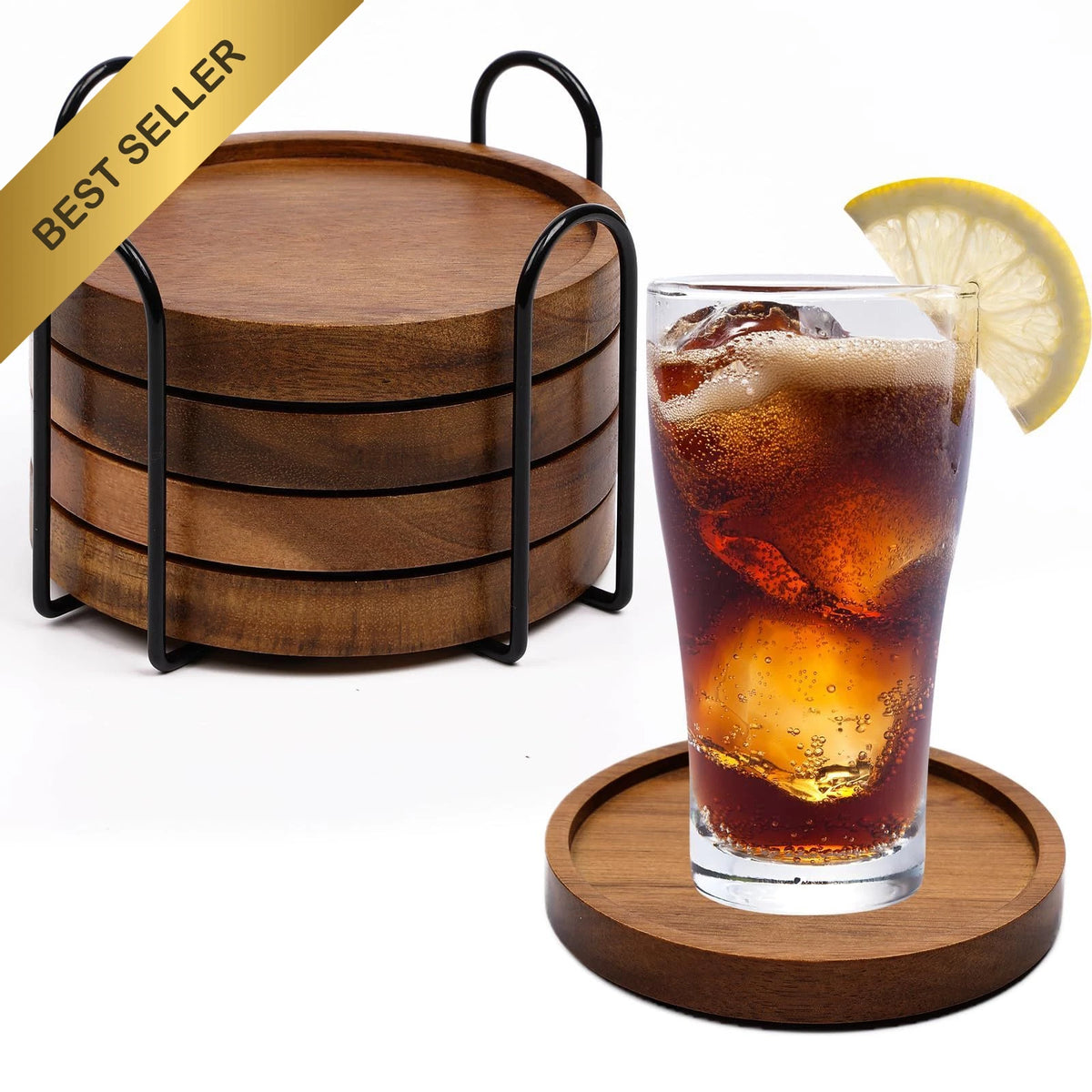 Set of 4 Absorbent Wooden Coasters for Drinks with Holder