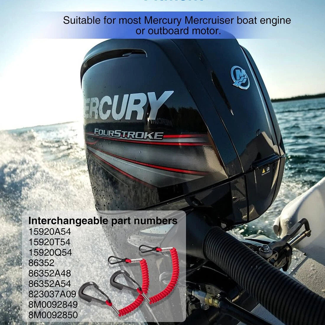2X Boat Kill Switch Lanyards for Mercury Mercruiser Outboard Motor (15920A54, 15920T54, 15920Q54, 86352, 8M0092849)