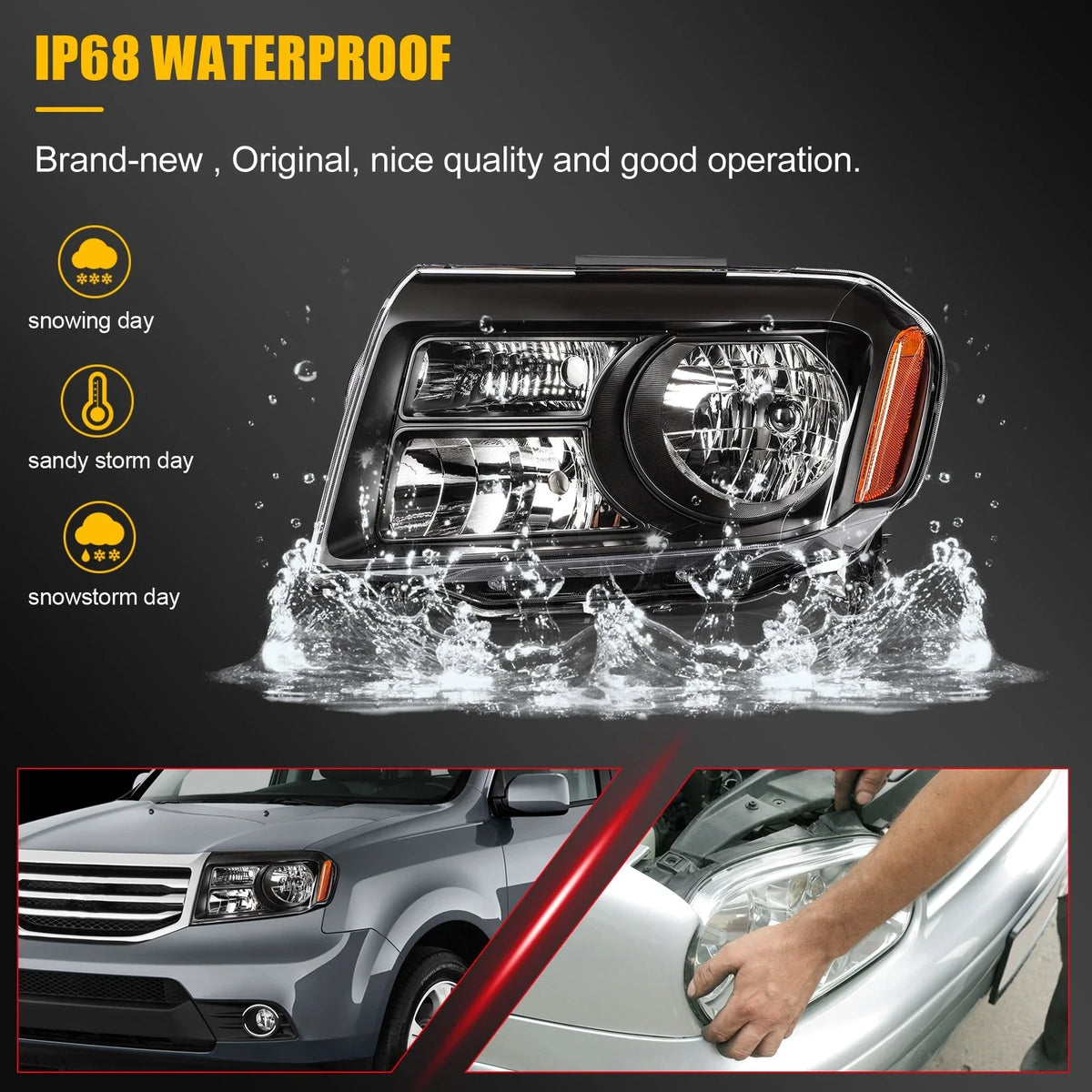 2X Black Headlight Assembly for Honda Pilot (2012–2015)