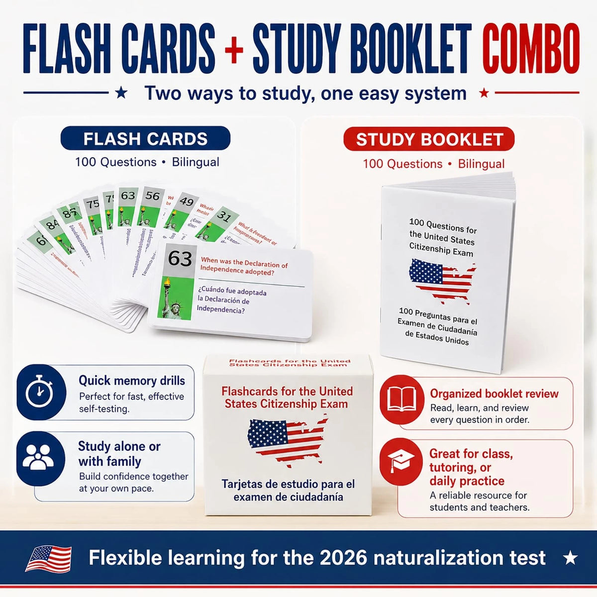 US Citizenship Flash Cards 2026 (3.5 x 2.5 inches, White)