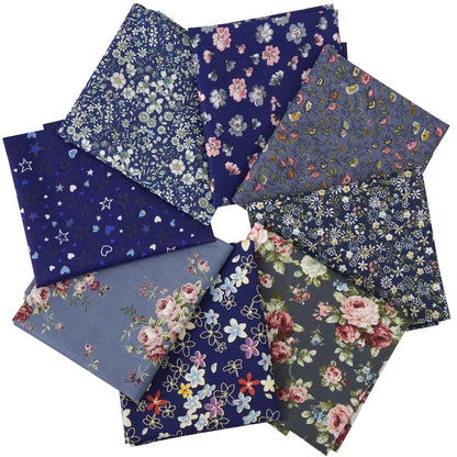 8pcs Cotton Fabric Fat Quarters for Quilting (Daisy Design, Dark Blue)