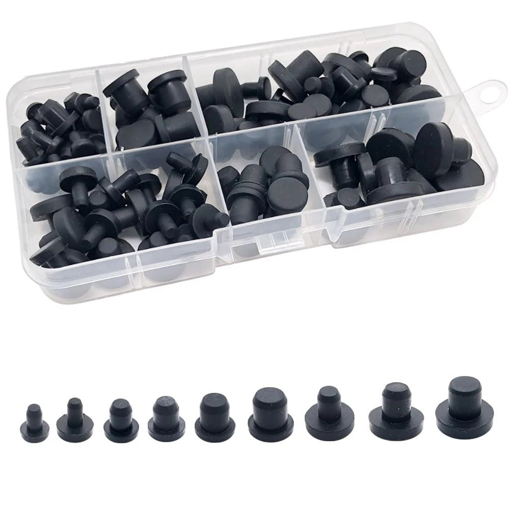 Set of 100 Silicone Rubber Hole Plugs - 9 Sizes T-Type Black