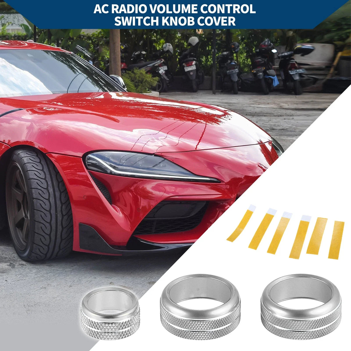 Set of 3 AC Radio Switch Knob Cover Rings for Toyota Supra (2018–2022) Silver Tone