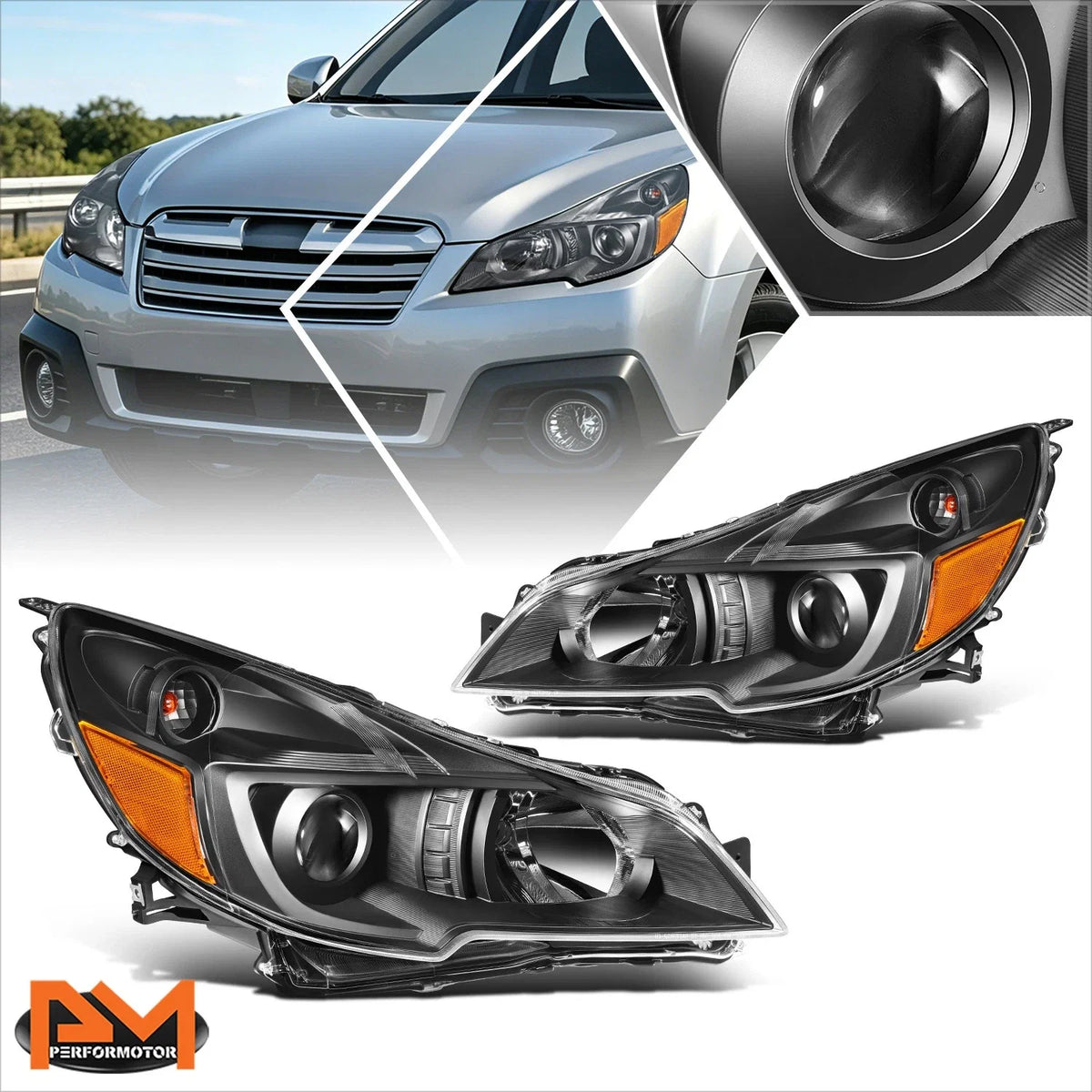 Projector Headlights for Subaru Outback/Legacy (2010–2014) Black Housing Amber Corner