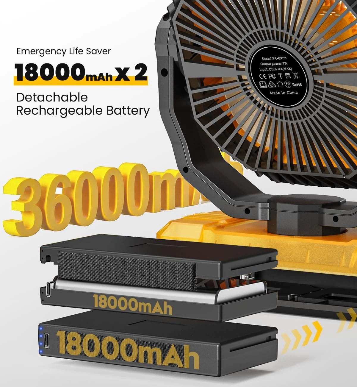 36000mAh Portable Camping Fan for Outdoor Use (Rechargeable, 120Hrs)