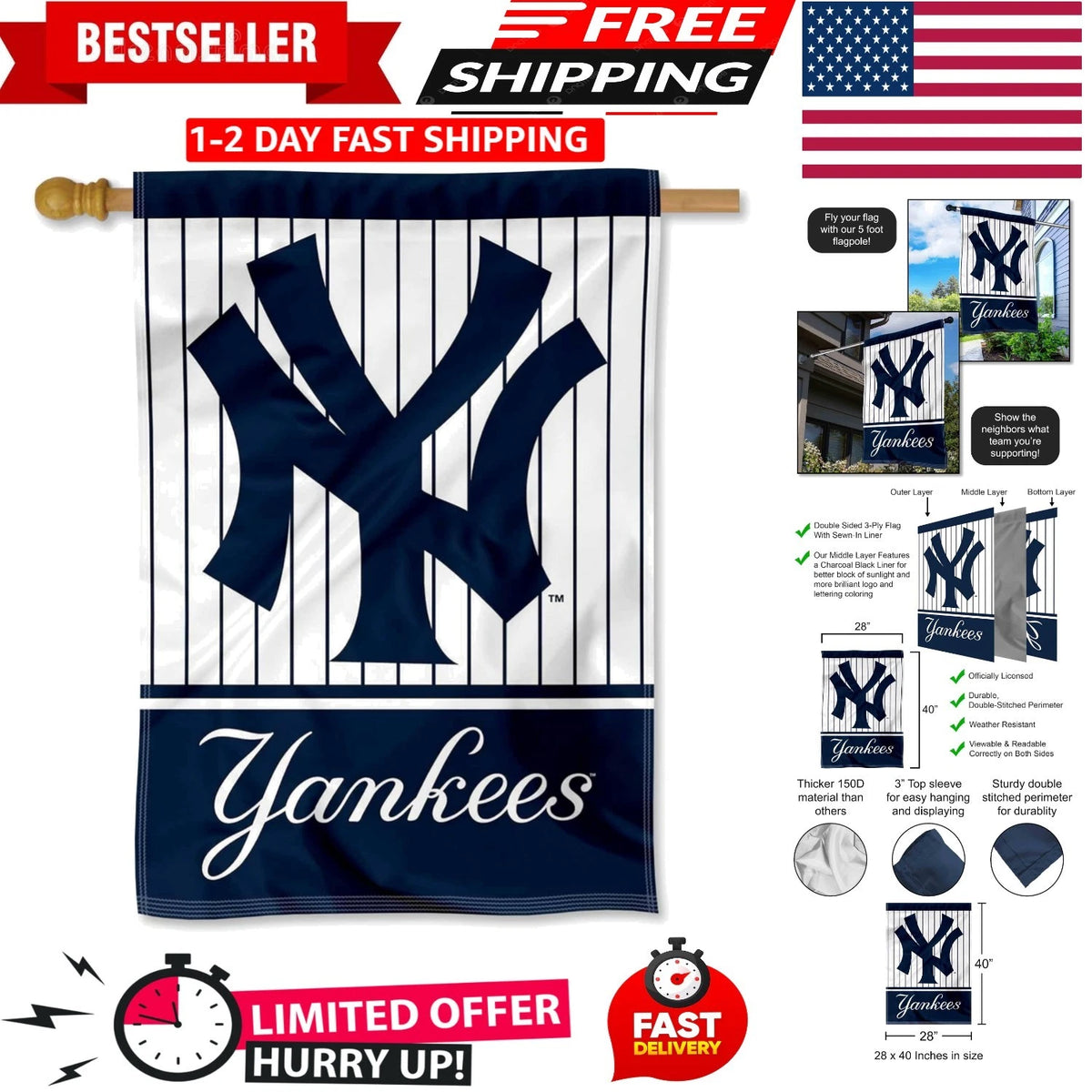 NY Yankees Two Sided House Flag for Home Decor (No Year Range)