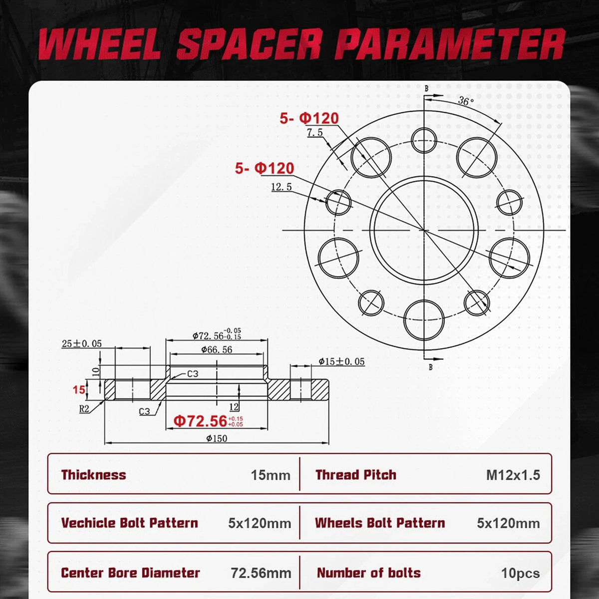 Set of 2 15mm Hubcentric Wheel Spacers 5x120 72.56 12x1.5 for BMW 320i 323i 323is (2000–2006)
