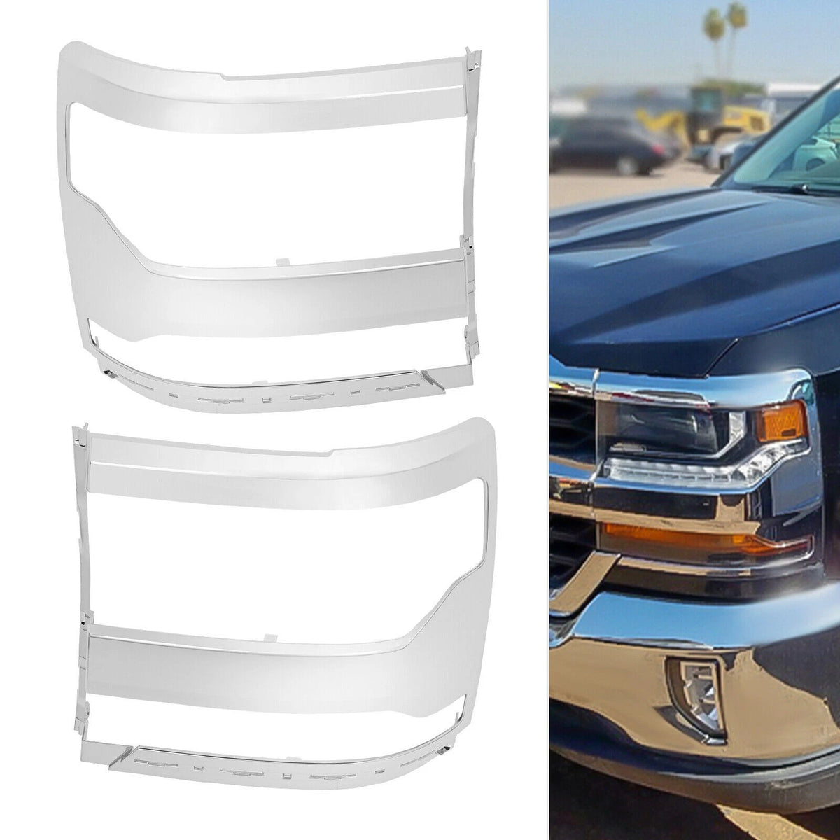 Pair Chrome Side Headlight Trim Bezel Covers for Chevy Silverado 1500 (2016–2018)