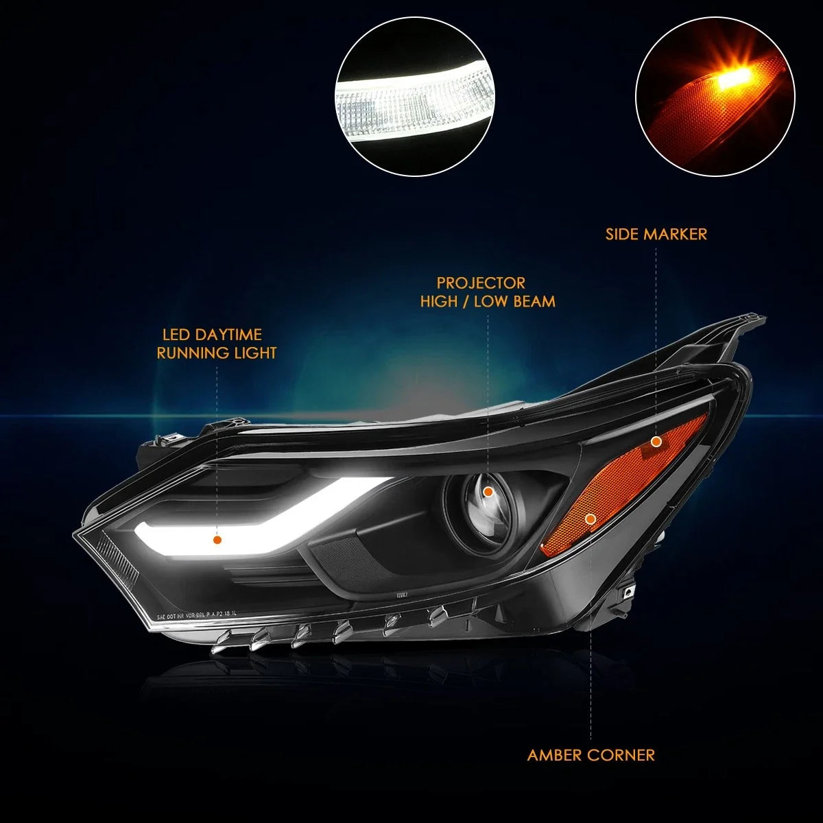 LED DRL Projector Headlights for Chevy Equinox (2018–2021) Black Housing Amber Corner