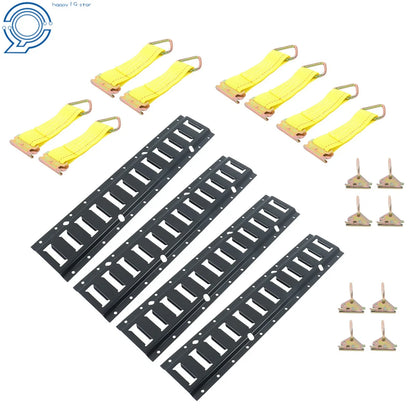 Set of 4 E Track Tie Down Rails with Steel O-Ring Anchors & Rope Tie Offs