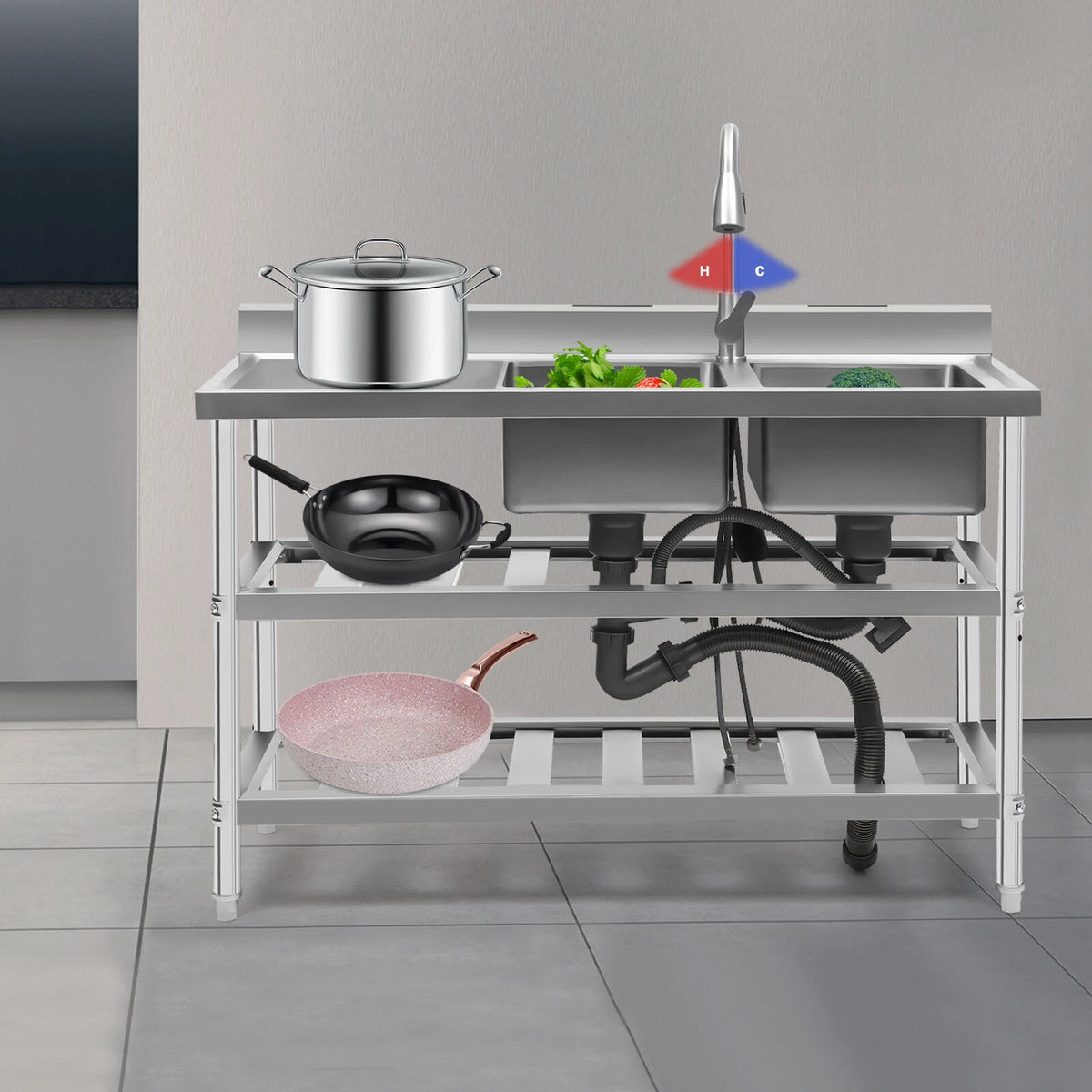 3 Tier Stainless Steel Utility Prep Sink for Commercial Use (2 Compartment)