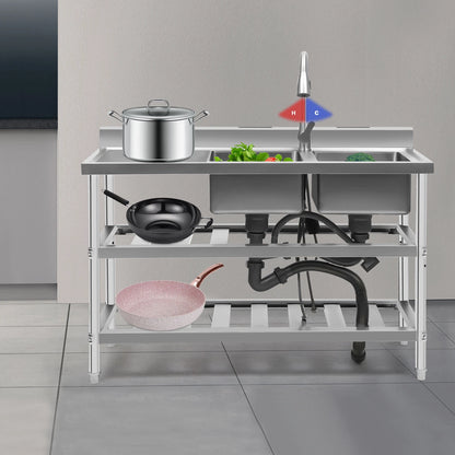 3 Tier Stainless Steel Utility Prep Sink for Commercial Use (2 Compartment)