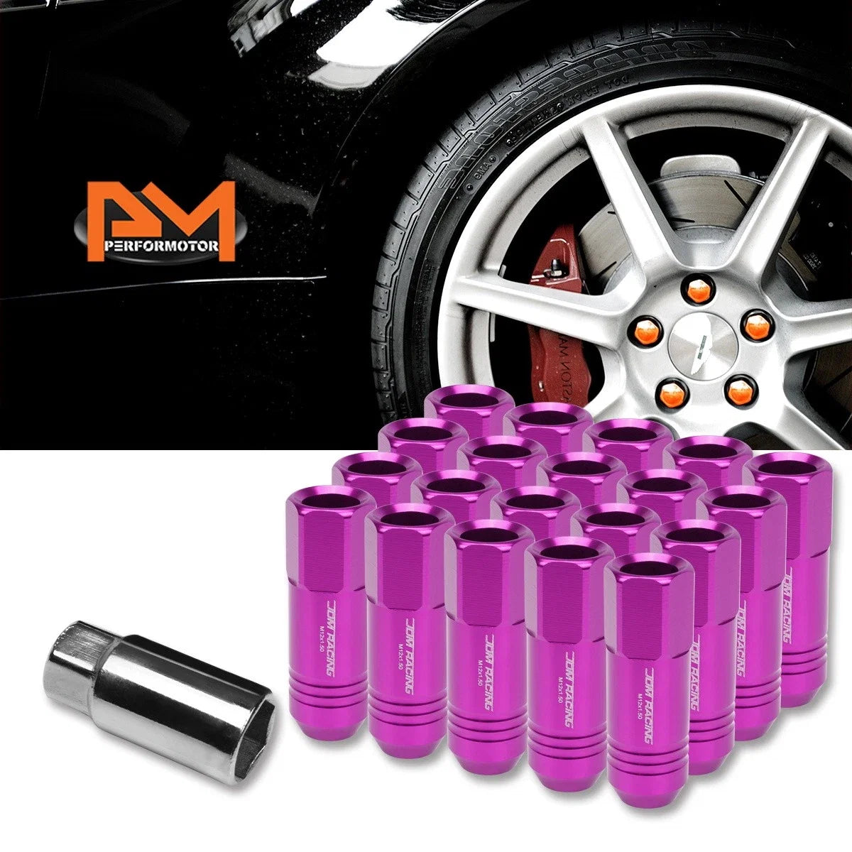 Set of 20 JDM M12X1.5 20mm OD 60mm Tall Purple Open-End Aluminum Lug Nuts