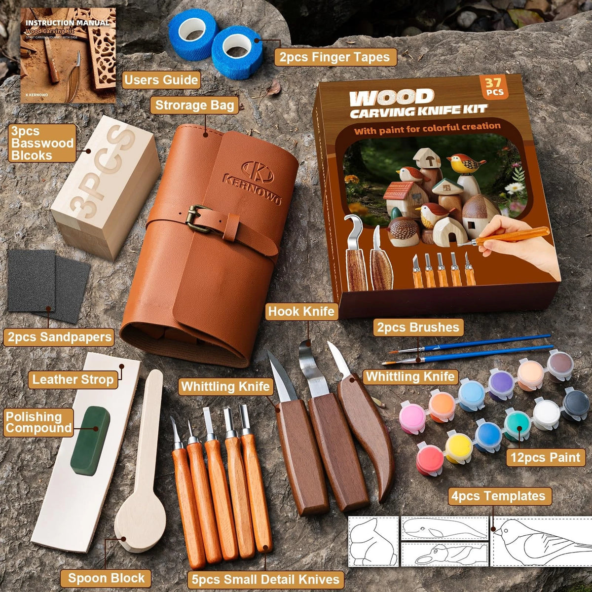 37-Piece Wood Carving Kit with 12 Color Paint
