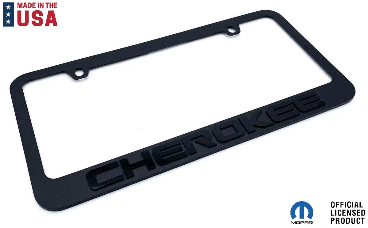 Matte Black License Plate Frame with Jeep Cherokee Script Emblem for Jeep Wrangler (2018–2024)