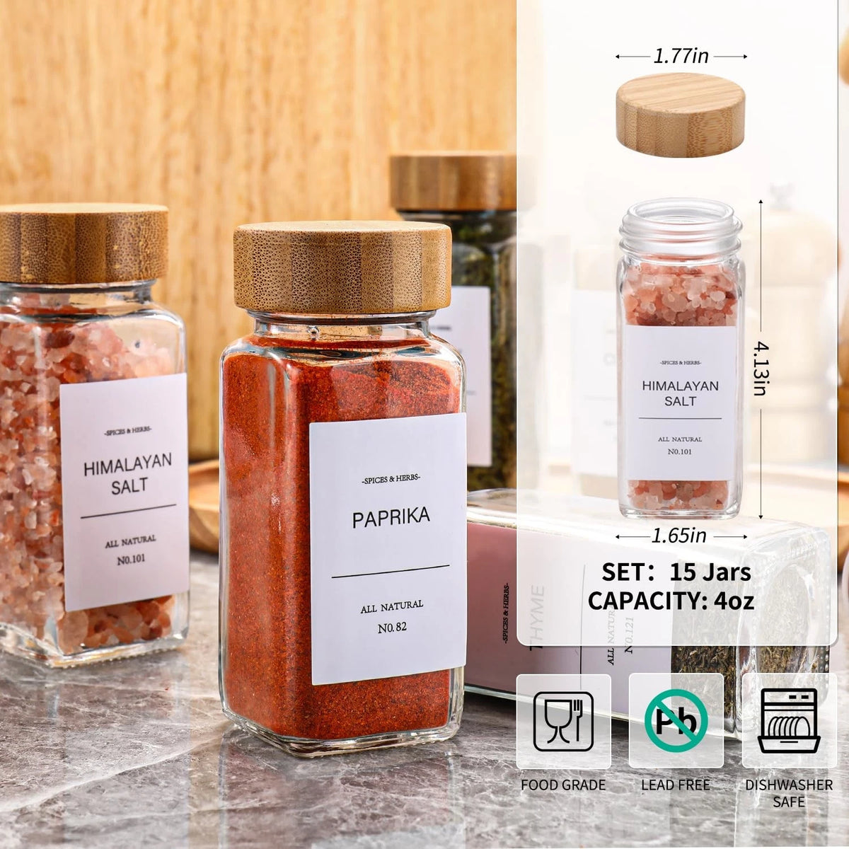 Set of 4 Spice Jars with Labels - 1.65" x 4.33", Clear