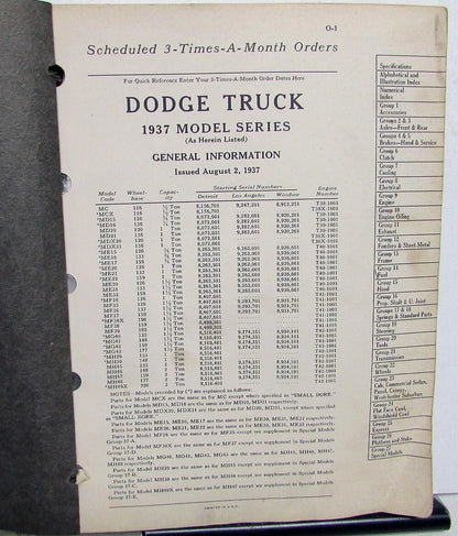 Parts List Book for 1937 Dodge Trucks M Series Pickup HD