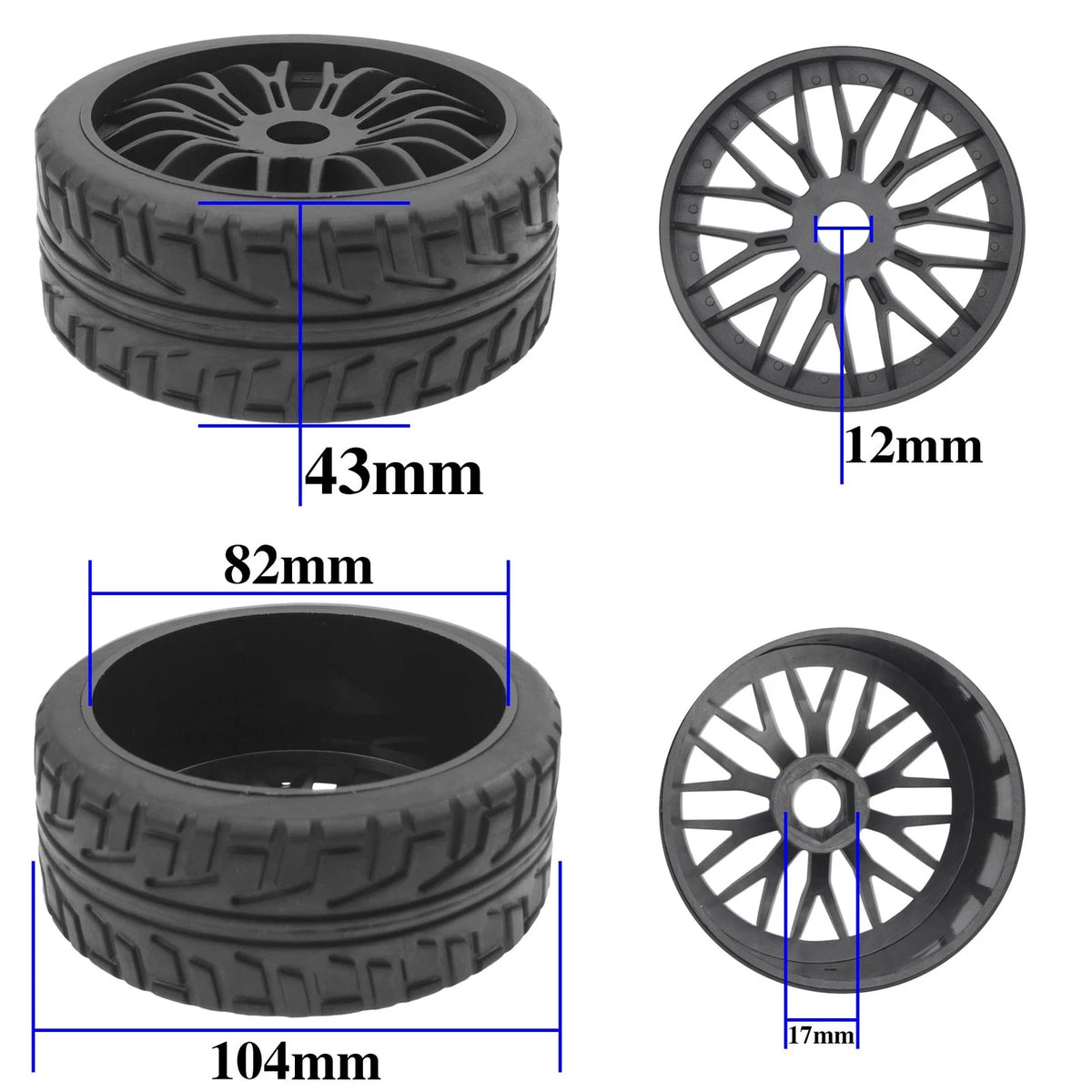 Set of 4 RC Buggy Tires and 17mm Hex Wheels for 1/8 Scale Models