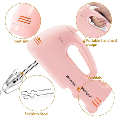 Electric Hand Mixer 7 Speed for Kitchen (Portable, Pink)