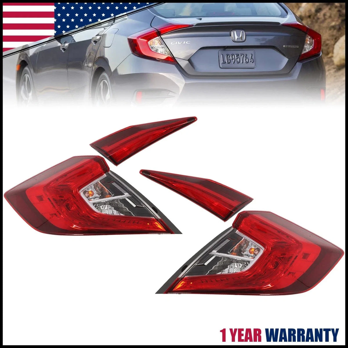 4X Tail Lights for Honda Civic 4-Door Sedan (2016–2021) Left+Right