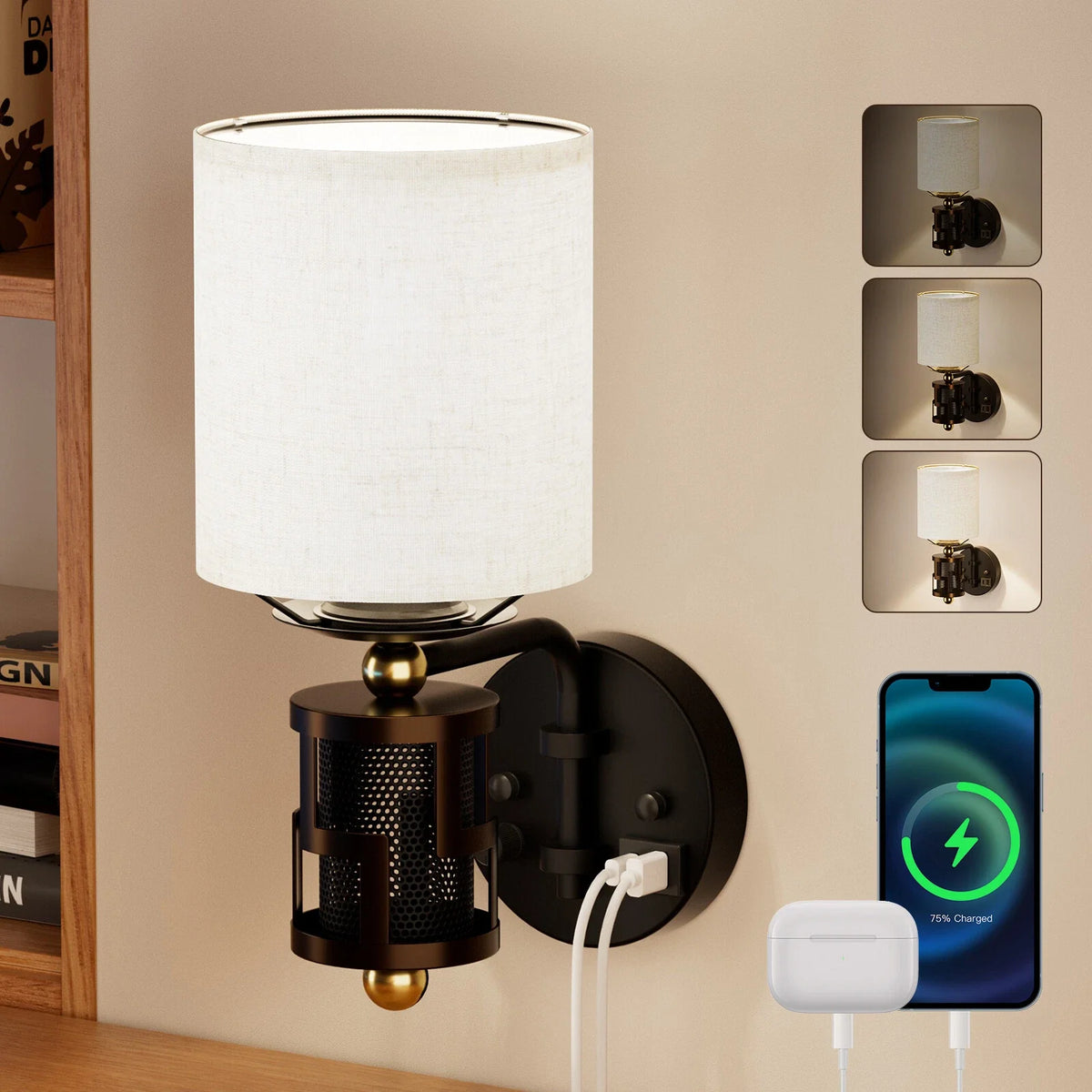 Dimmable Wall Sconce for HYMELA Vintage Bedside Lamp (Charge Port, Bronze)