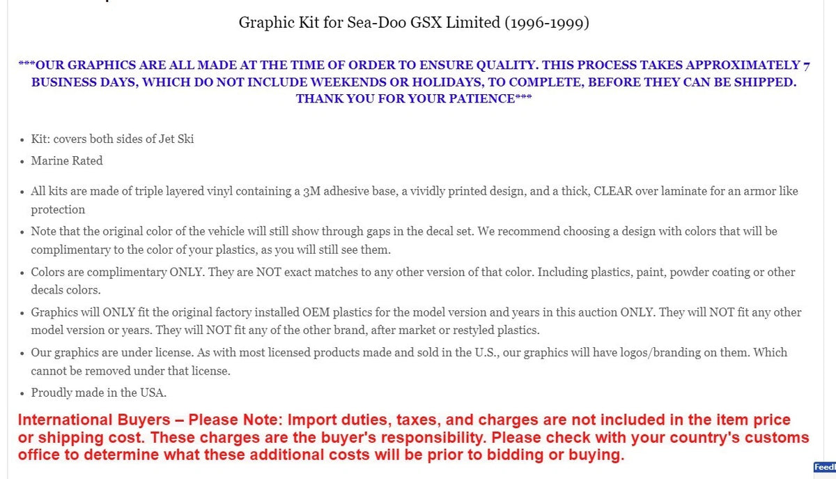 Decal Graphic Stickers for Sea Doo GSX (1996–1999)
