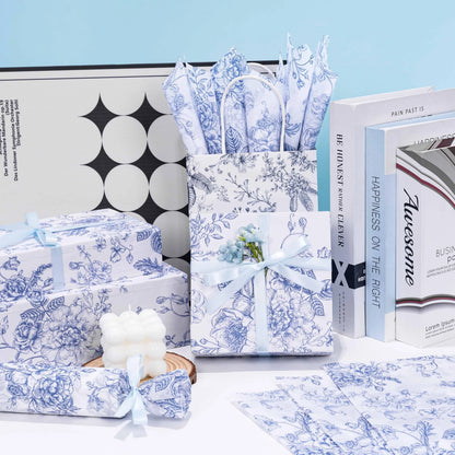 Floral Tissue Paper Bulk Set of 20x14 Inches - Blue and White