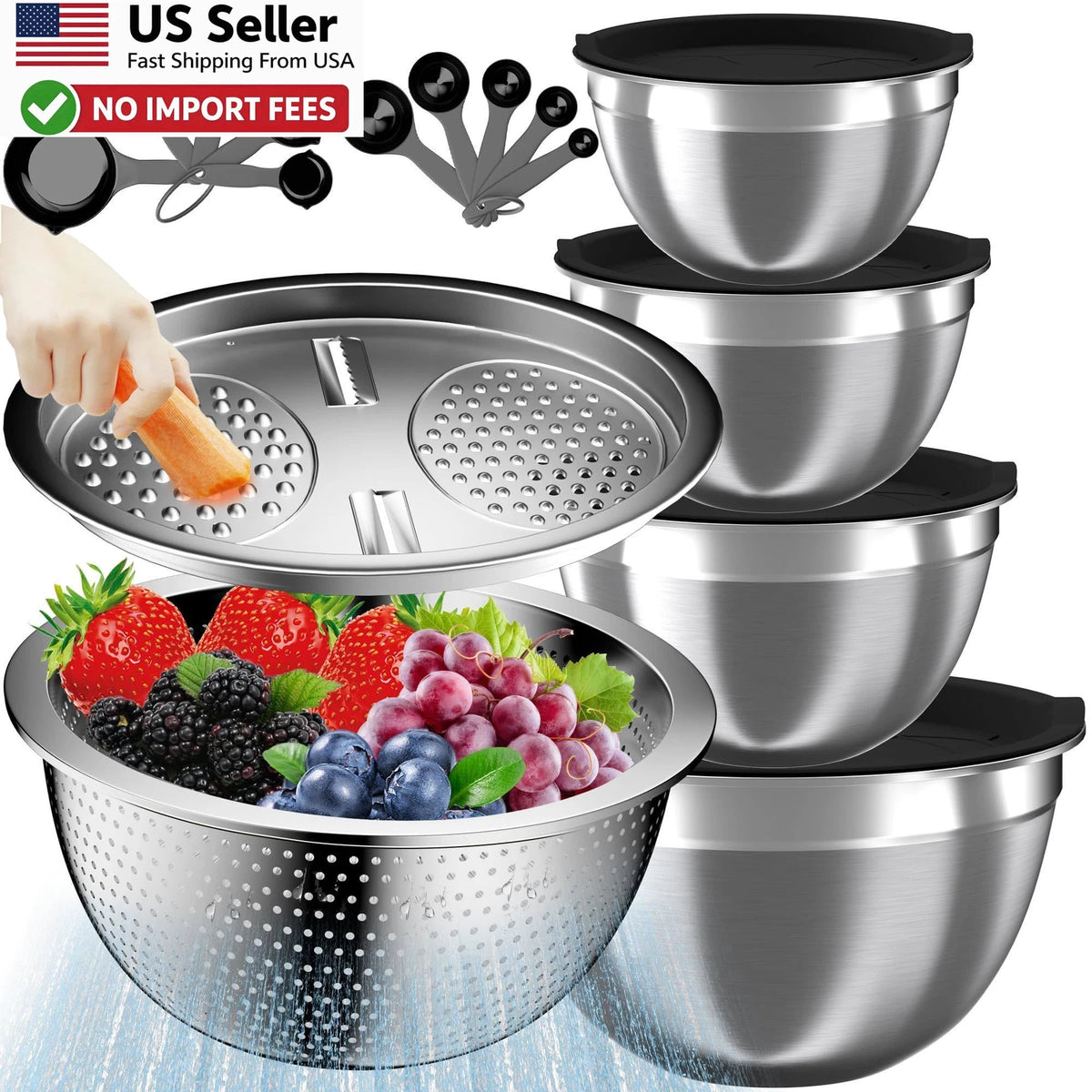 16PCS Stainless Steel Mixing Bowls Set with Lids and Colander