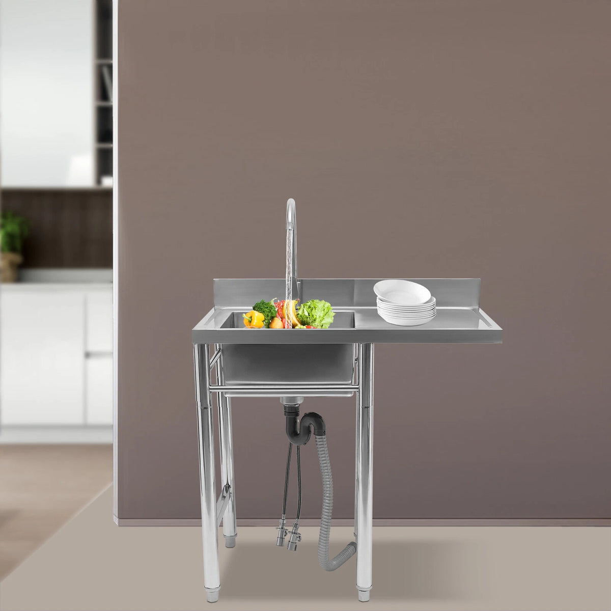 1 Compartment Commercial Kitchen Sink Prep Table with Faucet 304 Stainless Steel