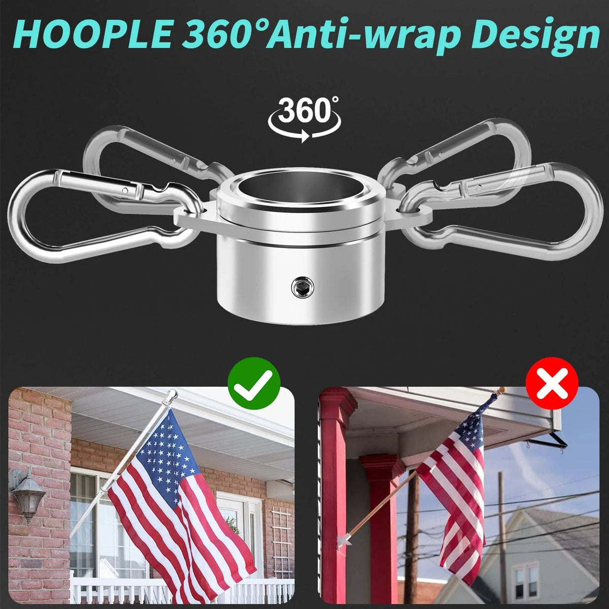 1.25 Inch Flag Pole Rings Swivels for Flag Poles (360 Rotating, Anti-Wrap)