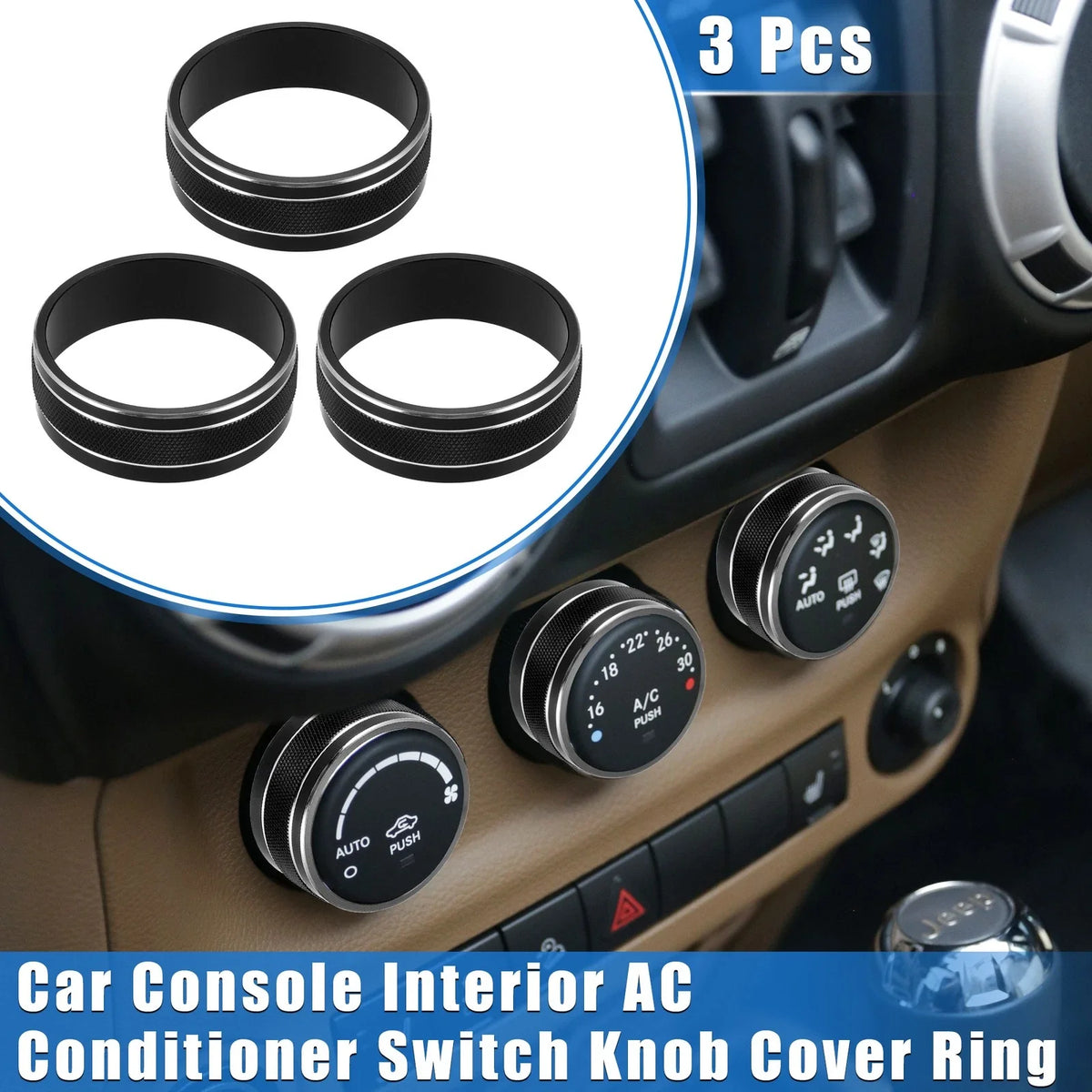 3pcs AC Switch Knob Cover Ring for Jeep Wrangler JK JKU (2011–2018) Black