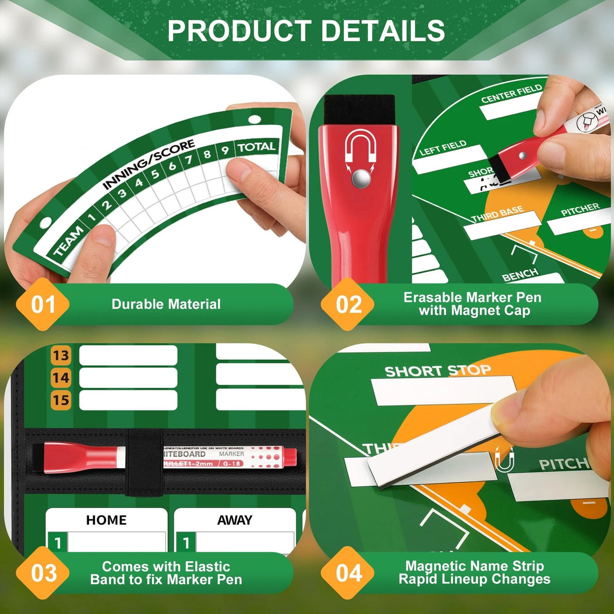 Magnetic Baseball Lineup Board for Dugout (12"W x 1"H, Black)