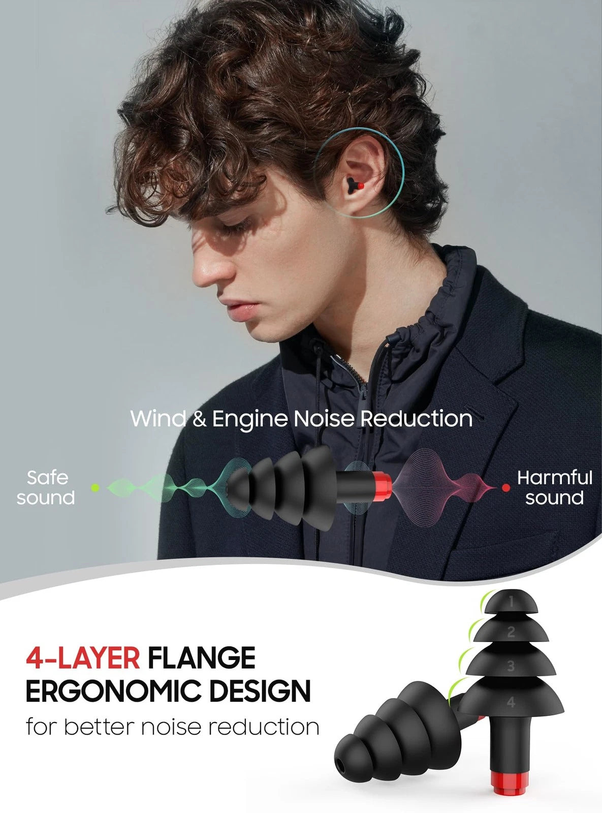 Motorcycle Ear Plugs for Wind Noise (Pack of 2) - Black/Red