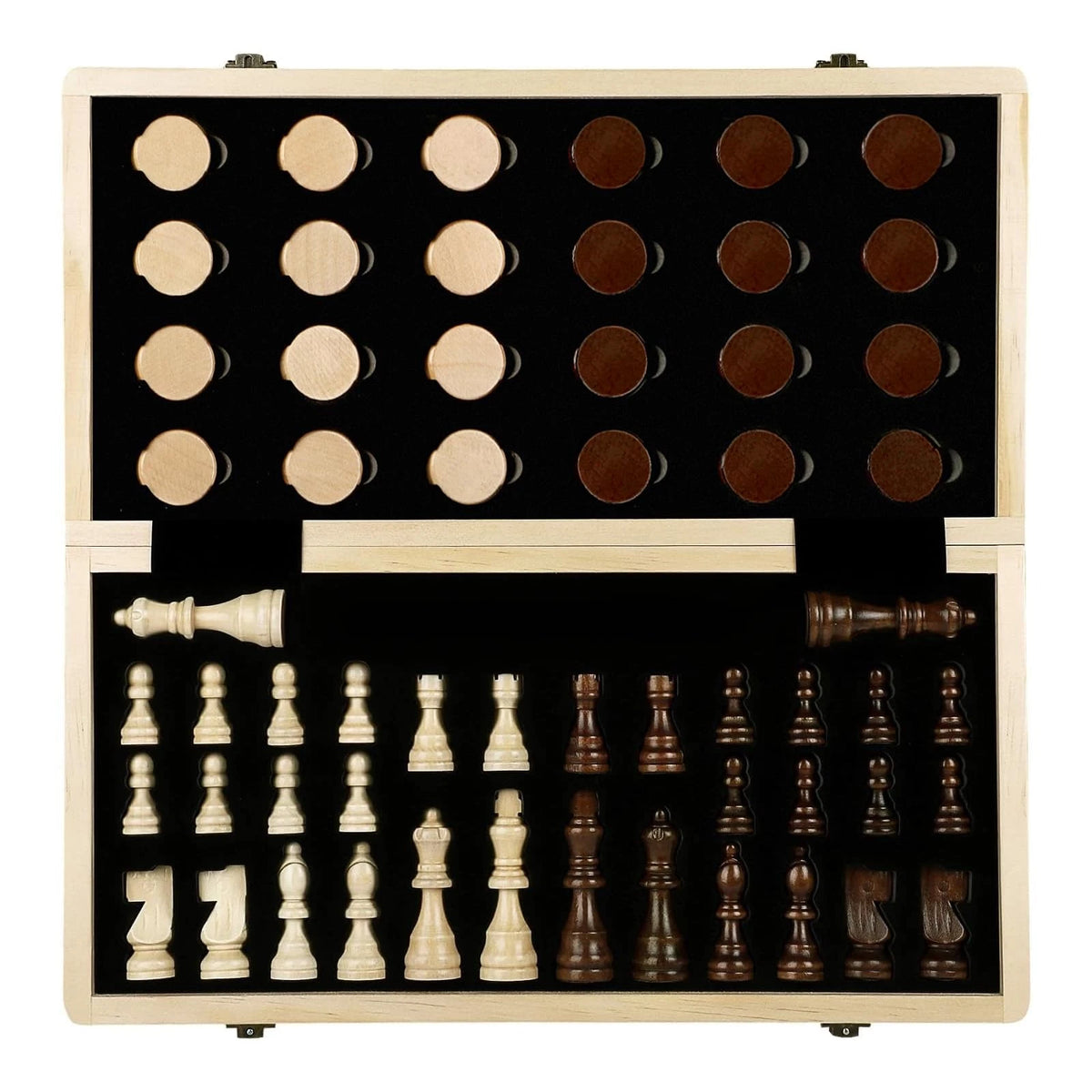 15" Wooden Chess and Checker Set - Walnut Black/Brown