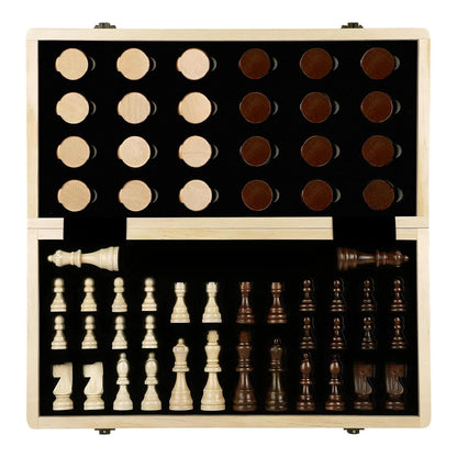 15" Wooden Chess and Checker Set - Walnut Black/Brown
