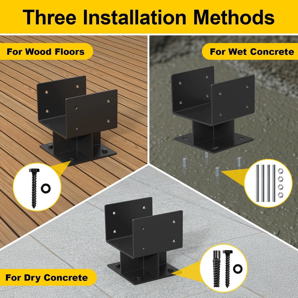 Set of 2 Adjustable 6"x6" Concrete Post Bases - Stainless Steel, Black