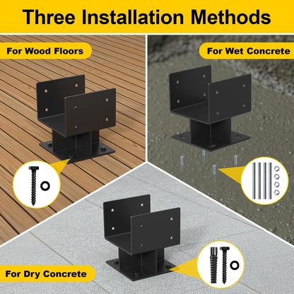 Set of 2 Adjustable 6"x6" Concrete Post Bases - Stainless Steel, Black