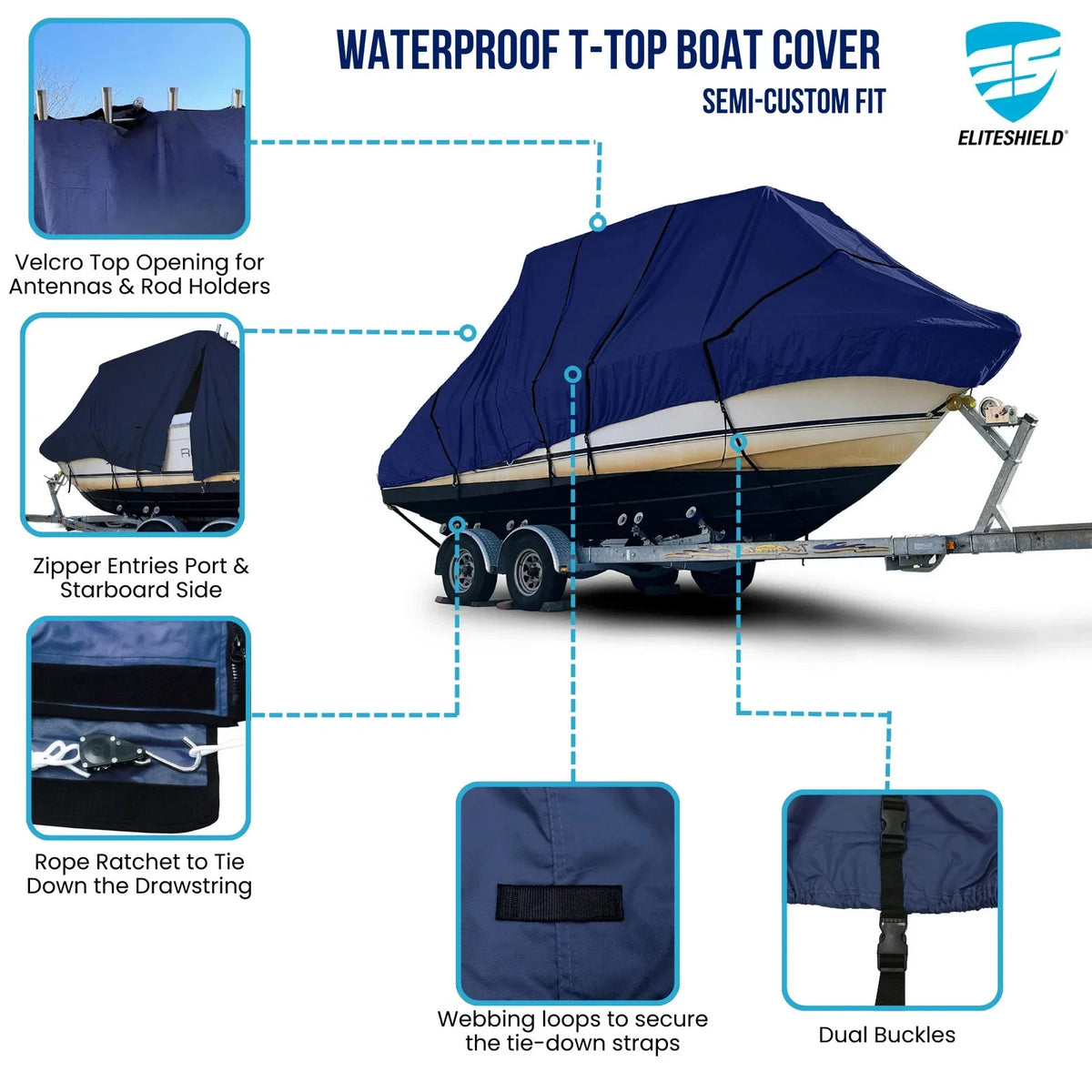 Epic 25SC Center Console T-Top Boat Cover 600D Heavy Duty (Navy)