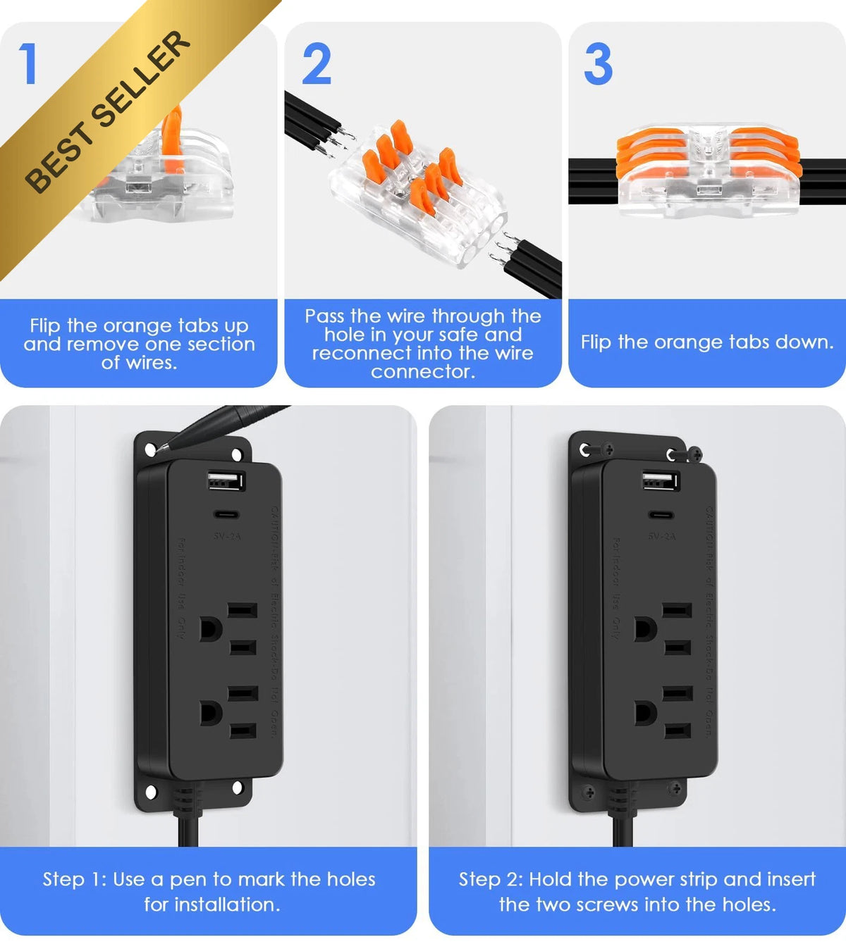 Power Outlet Kit with USB C Port for Gun Safe (6FT)