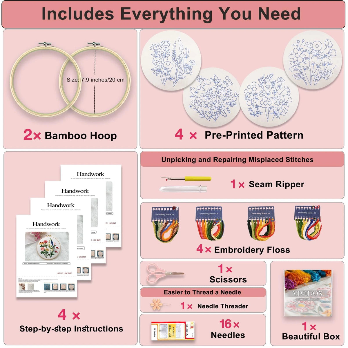4 Sets Embroidery Kit for Beginners with Stitch Video, Flower Cross Stitch Kit