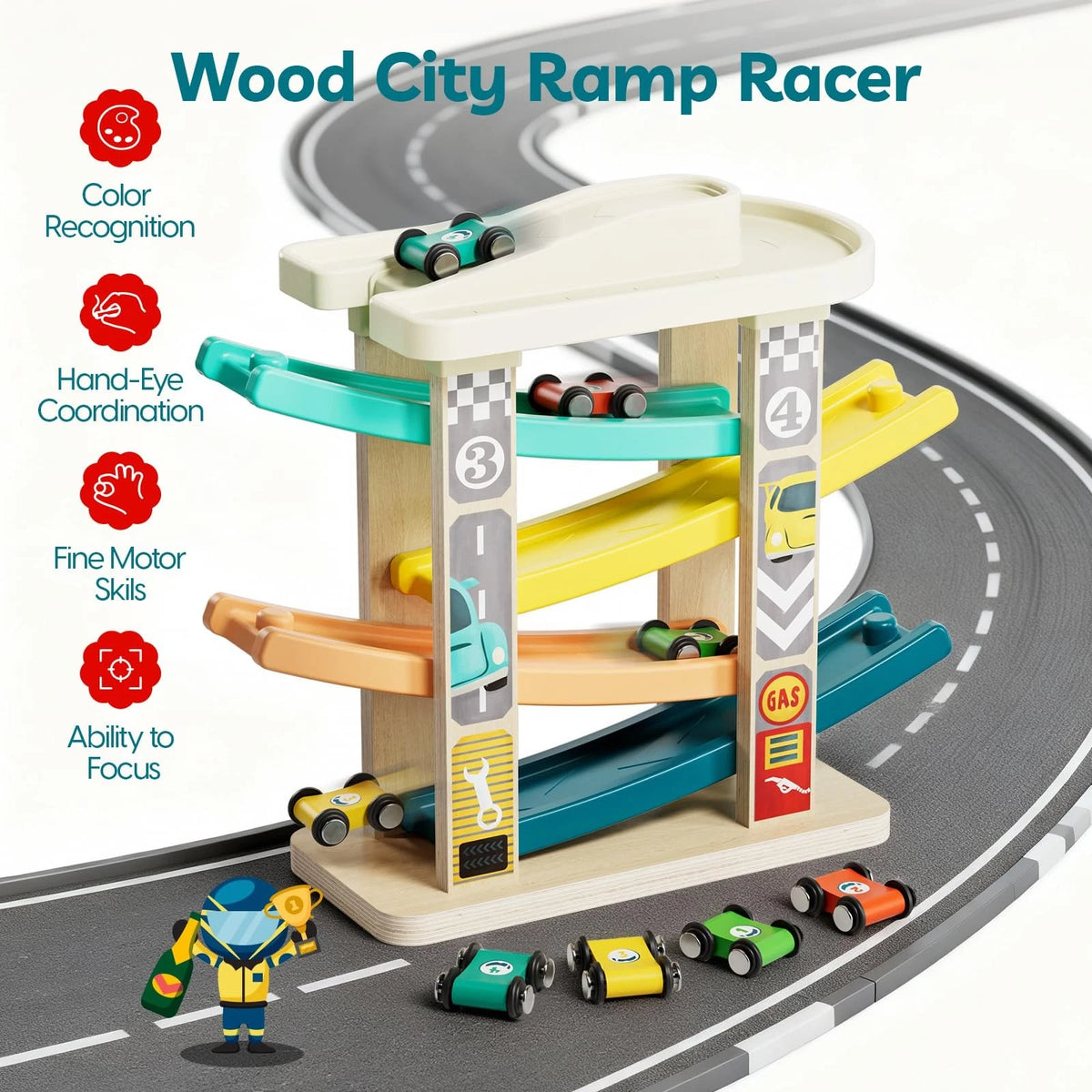 Wooden Race Track Car Ramp Toys for Toddlers (1-2 Years)