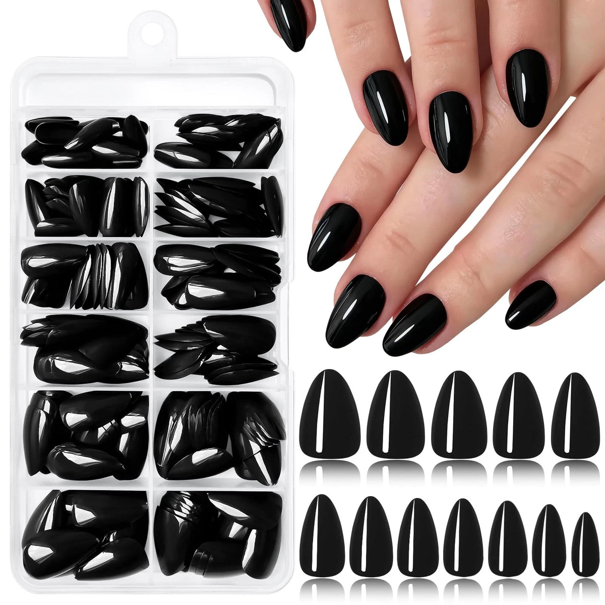 240pc Press on Nails Short Fake with Glue - Black Almond