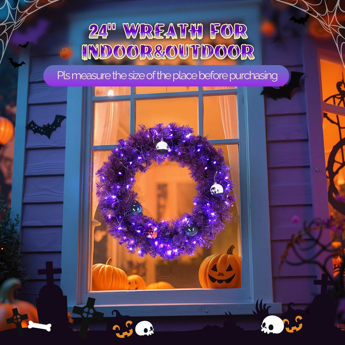 24in Pre-lit Halloween-Themed Wreath for Christmas (No Part Numbers)
