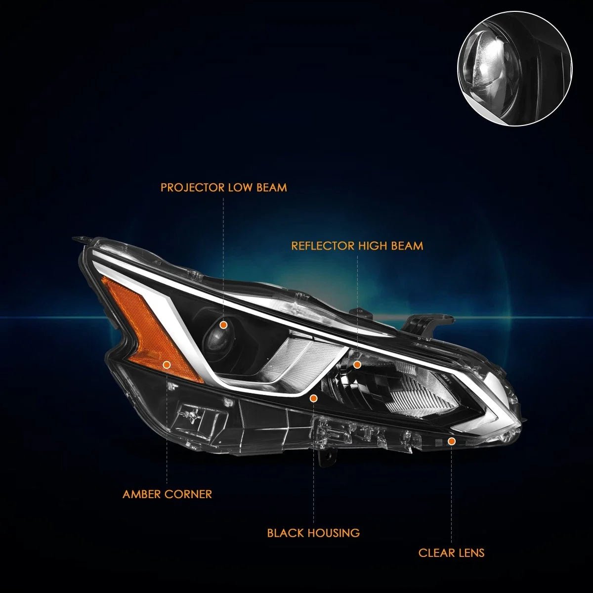 Right Side Projector Headlight Lamp for Nissan Altima (2019–2022) Black/Amber