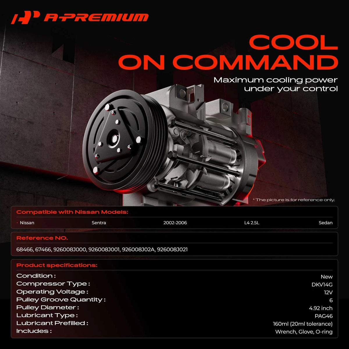 A/C Compressor with Clutch for Nissan Sentra (2002–2006) 926008J000, 926008J001, 926008J02A