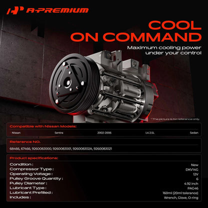 A/C Compressor with Clutch for Nissan Sentra (2002–2006) 926008J000, 926008J001, 926008J02A
