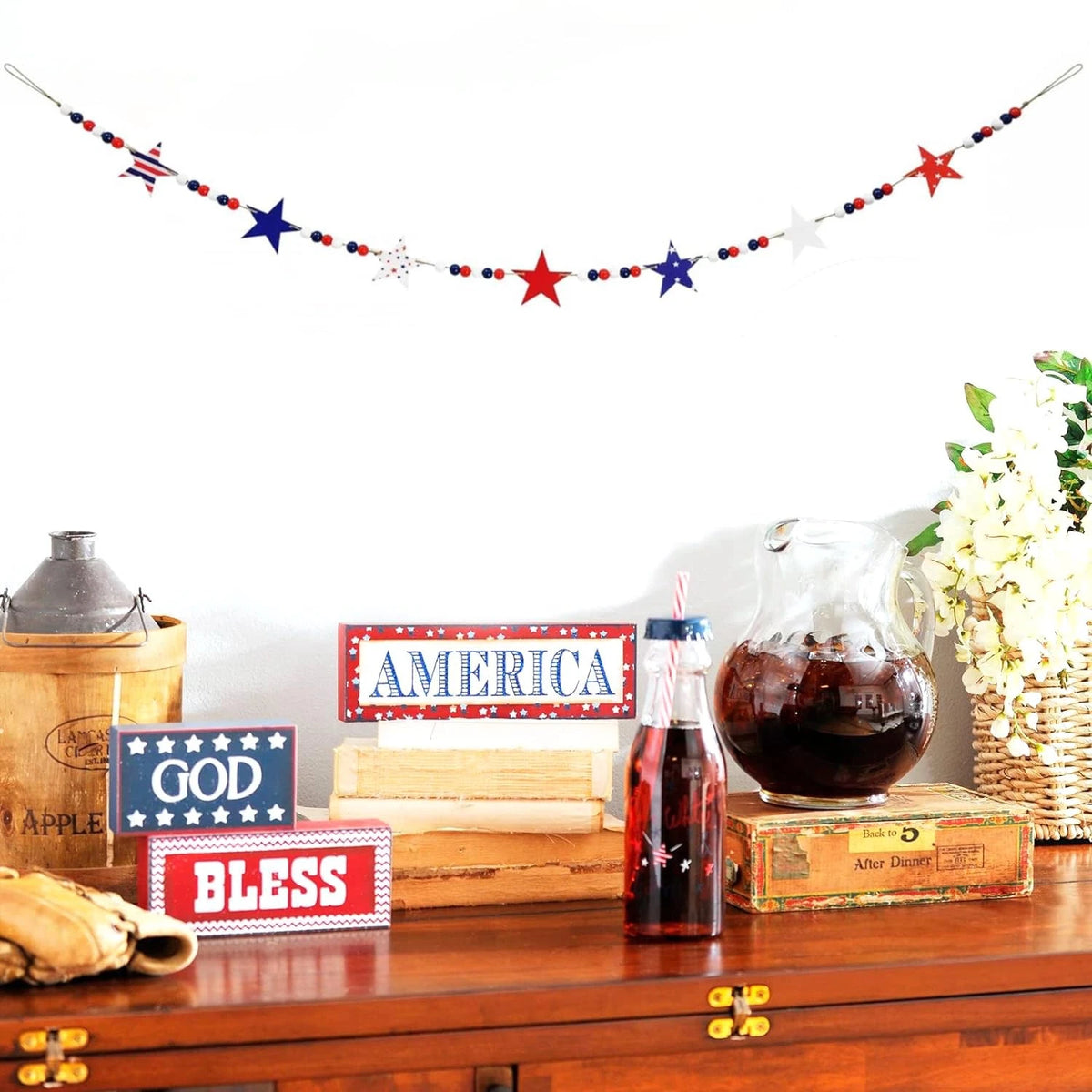 4.9FT Patriotic Wooden Beads Garland with Star Felt Charms