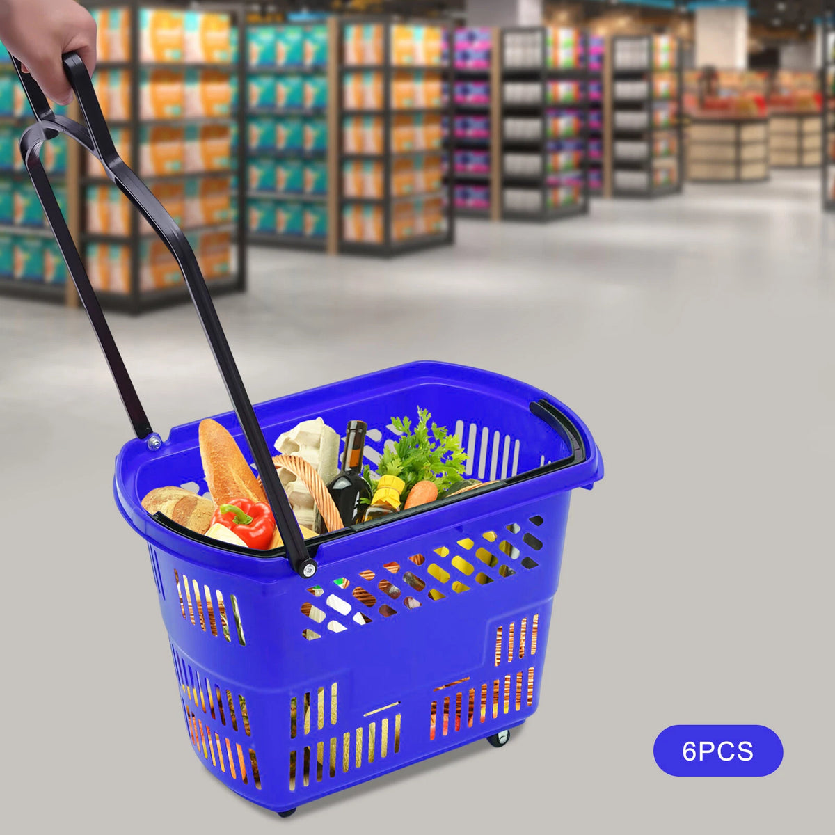 Set of 6 Trolley Rolling Shopping Baskets 35L with Handles