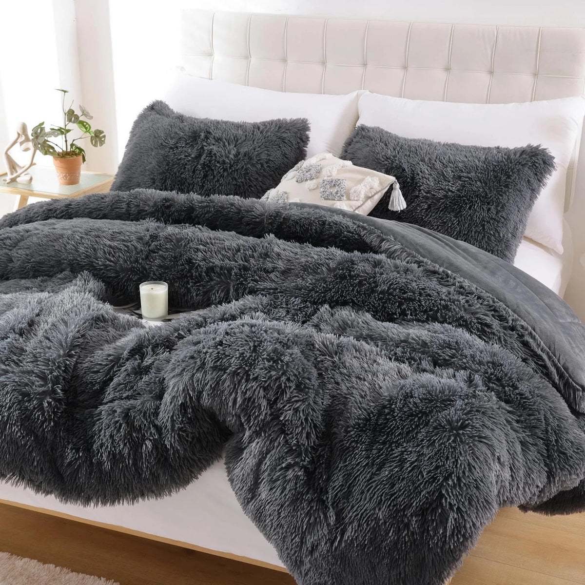 Comforter Set for Queen Size Bed (Faux Fur, Dark Grey)